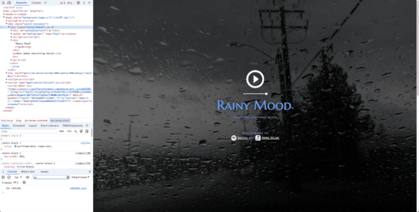 Screenshot of rainymood.com with the Web Inspector open on the left, after the first edit has been made.